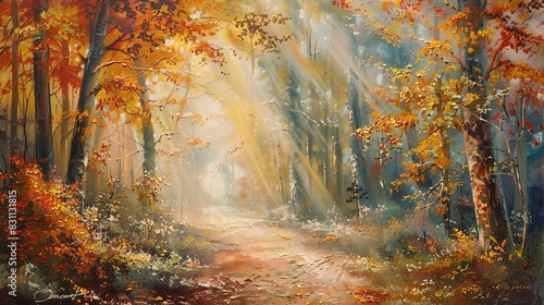 Autumn path through a pastel-colored forest with rays of sunlight breaking through.