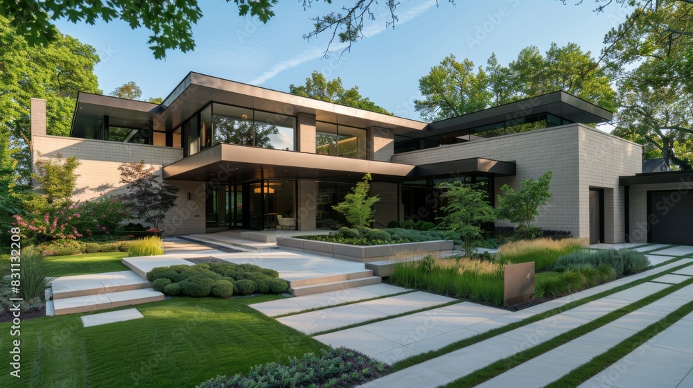 Exterior view of a minimalist suburban home, with a flat roof, geometric shapes, and a minimalist landscaping design, showcasing modern residential architecture