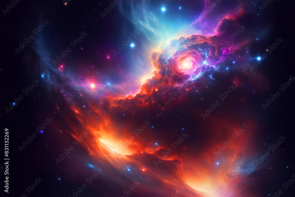 Fototapeta premium Colorful space galaxy and cloud nebula with endless universe with stars and galaxies in outer space. Abstract universe science astronomy wallpaper background. Stary night cosmos art. Ai Generated.