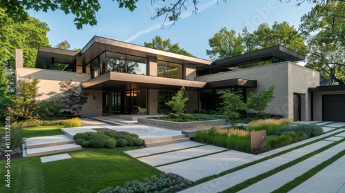 Exterior view of a minimalist suburban home, with a flat roof, geometric shapes, and a minimalist landscaping design, showcasing modern residential architecture