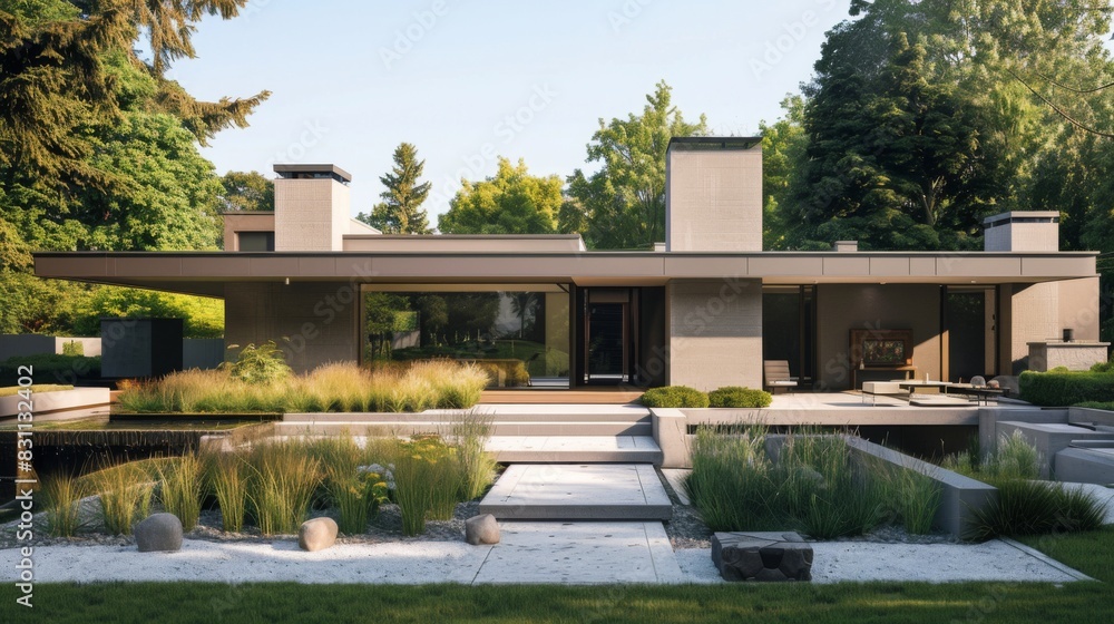 Obraz premium Exterior view of a minimalist suburban home, with a flat roof, geometric shapes, and a minimalist landscaping design, showcasing modern residential architecture