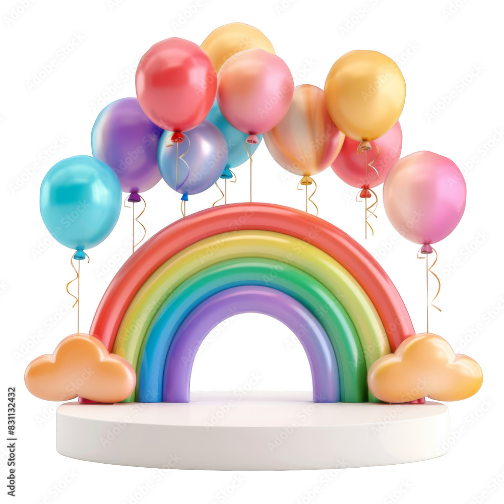 3D Colorful rainbow clouds and Birthday balloons arc podium on white background 3D Colorful rainbow clouds and Birthday balloons arc podium on white background