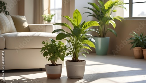 Cozy living room with a potted plant and blurry background. 3D Render © Sharif54