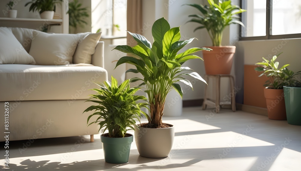 Cozy living room with a potted plant and blurry background. 3D Render