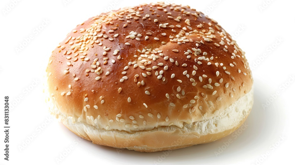 Top view shot of a hamburger bread bun, isolated on white background. The freshly baked, golden brown color and a sprinkling of sesame seeds on top