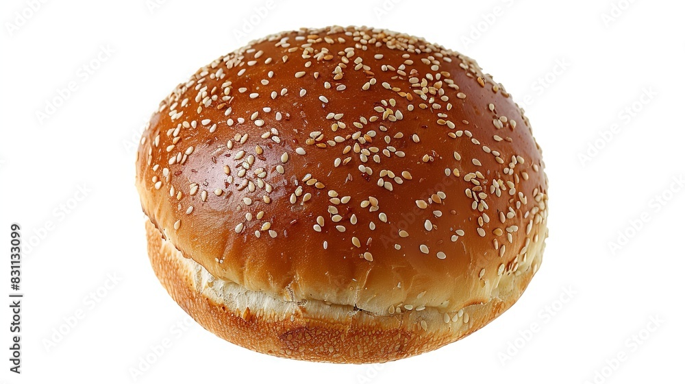 Top view shot of a hamburger bread bun, isolated on white background. The freshly baked, golden brown color and a sprinkling of sesame seeds on top Top view shot of a hamburger bread bun, isolated on white background. The freshly baked, golden brown color and a sprinkling of sesame seeds on top
