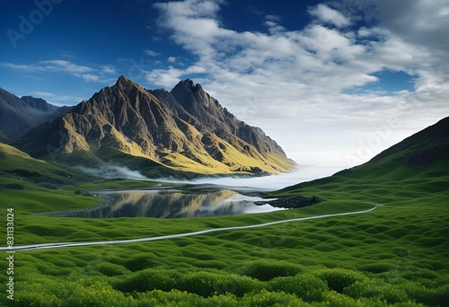 AI generated illustration of vast Alaskan wilderness with grassy field and mountains photo
