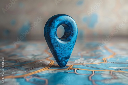 Close-up of blue pin on map with map marker photo