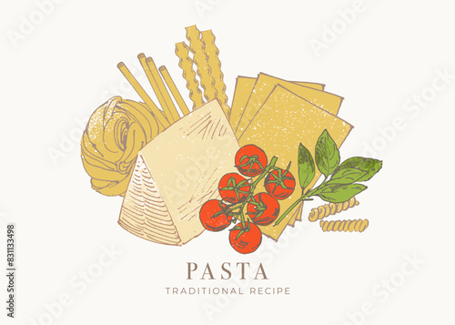 Pasta with cheese and tomatoes, sketchy hand drawn illustration, cookbook graphic elements