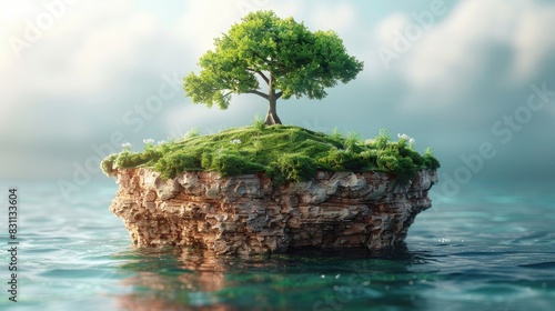 A lone tree stands tall on a small island in the middle of a vast ocean. The sky is blue and the water is calm. photo