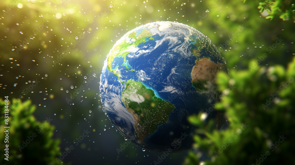 Earth Floating in Space with Greenery and Water Droplets Around