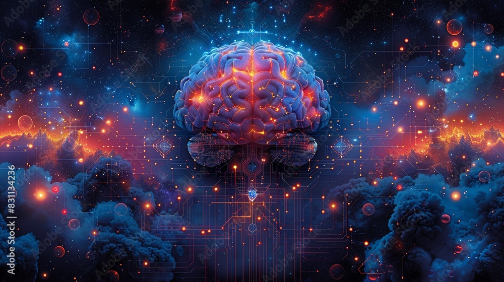 Obraz premium A vibrant illustration of an AI brain, composed of interconnected neurons and quantum circuits, representing the fusion of AI and quantum physics at the atomic level. Minimal and Simple style