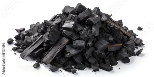 black charcoal pile isolated white background photo