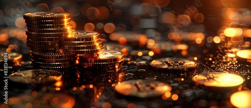 Stacks of coins, dark background, metallic reflections, dramatic lighting, AI generated, sleek and sophisticated, Digital Illustration 8K , high-resolution, ultra HD,up32K HD