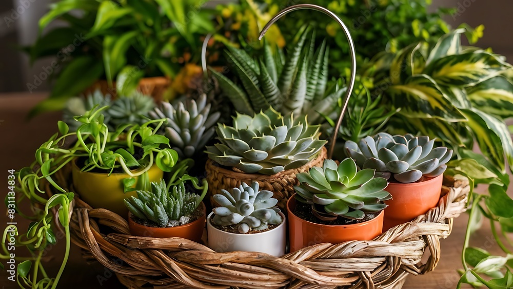 Obraz premium Green house plants potted succulents in a basket