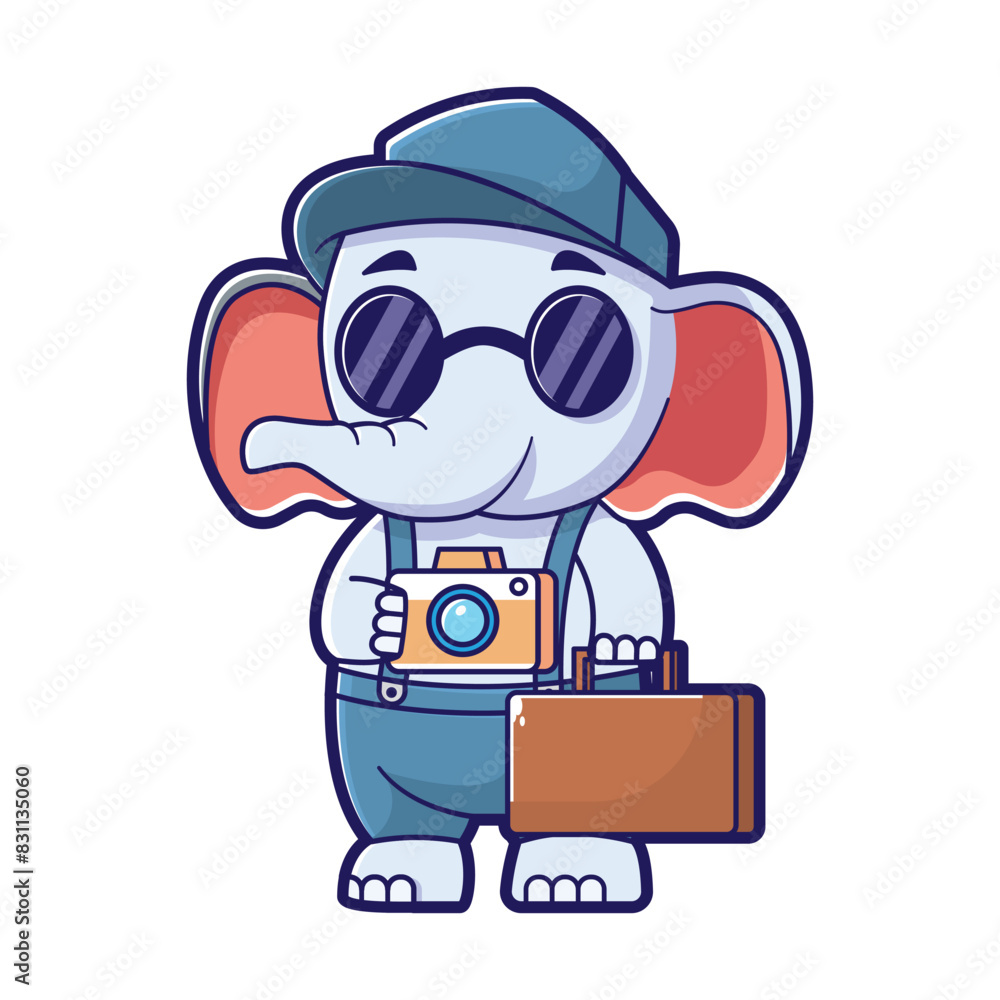 Elephant mascot logo, cute, small elephant with a tiny suitcase and a camera hanging around its neck. The elephant can be wearing a sunhat and sunglasses