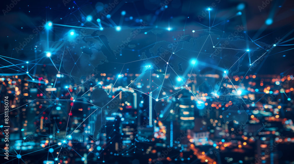 Fototapeta premium Cityscape with Global Network Connections and Digital Links