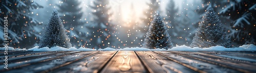 Winter scene with snowy wooden floor, forest of snowcovered fir trees, Christmas atmosphere, nature, AI generated, serene, Digital Art 8K , high-resolution, ultra HD,up32K HD photo