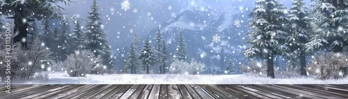 Winter Christmas landscape, wooden floor with snow, forest with fir trees covered in snow, nature, copy space, AI generated, serene, Digital Illustration