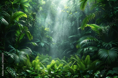A verdant natural background shows the abundance of green leaves and plants that are growing well in the rainforest. © Surachetsh