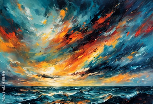 a painting that looks like a cloudy sky above the ocean