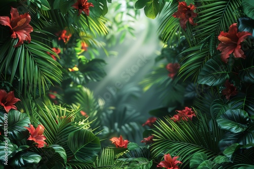 A verdant natural background shows the abundance of green leaves and plants that are growing well in the rainforest.