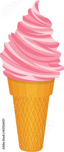 Digital illustration of a pink soft serve ice cream in a crispy cone, isolated on white background