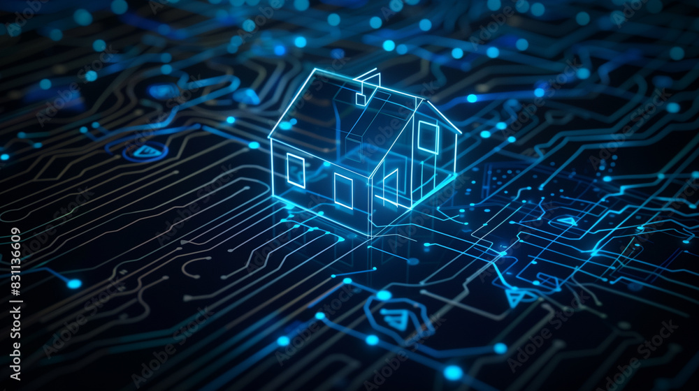 Glowing digital smart home icon on circuit board background Glowing digital smart home icon on circuit board background