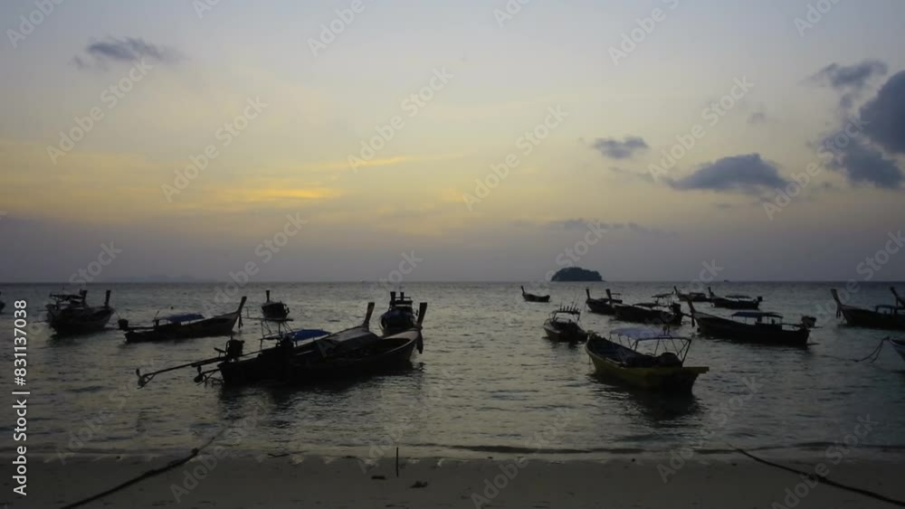 Tropical Beach During Sunset With A Long Tail Boat Passing In The Foreground,koh lipe sunset thailand, Tropical Beach During Sunset With A Long Tail Boat Passing In The Foreground,koh lipe sunset thailand,