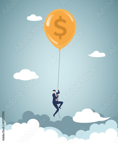 Inflation. Dollar crisis and currency appreciation. Businessman floating with dollar balloon
