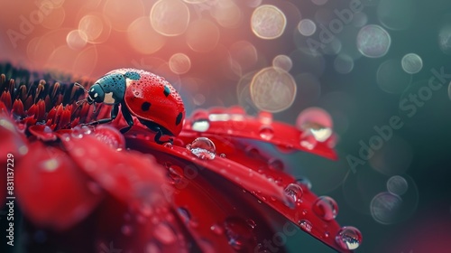 Ladybug on Red Flower Petal with Glistening Water Drops Bokeh