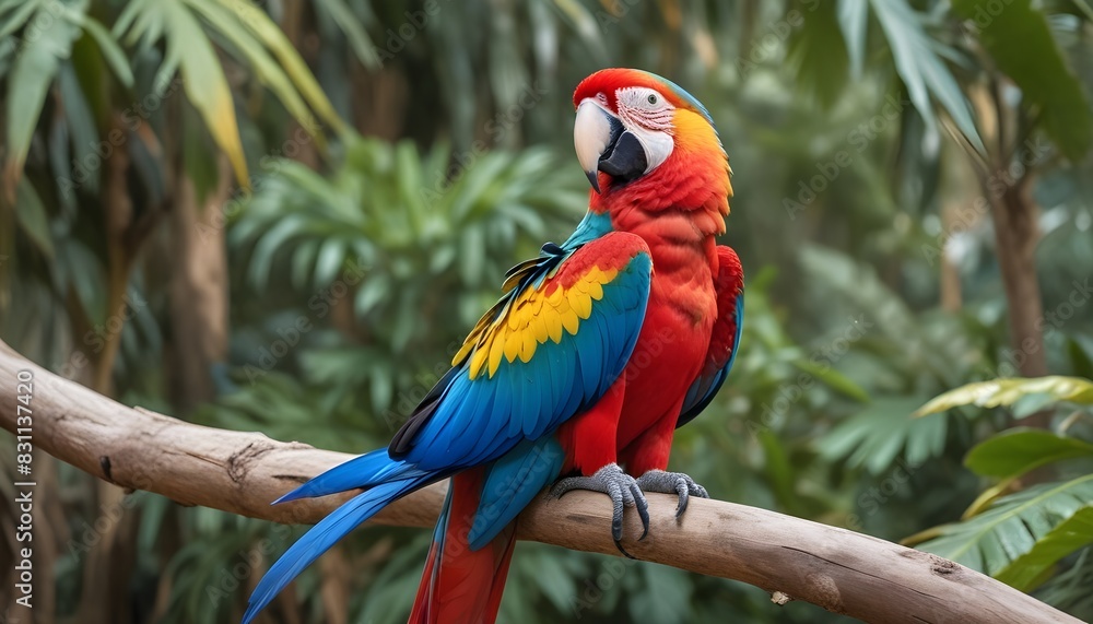 Obraz premium A close-up of a colorful macaw perched on a branch, feathers ruffled in the wind.