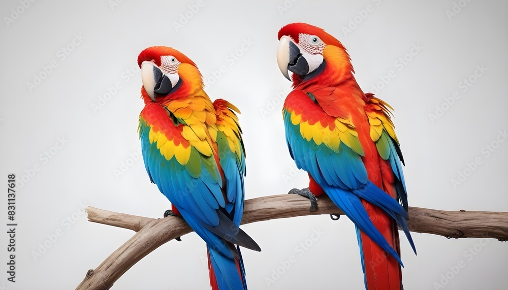 A close-up of a colorful macaw perched on a branch, feathers ruffled in the wind. A close-up of a colorful macaw perched on a branch, feathers ruffled in the wind.