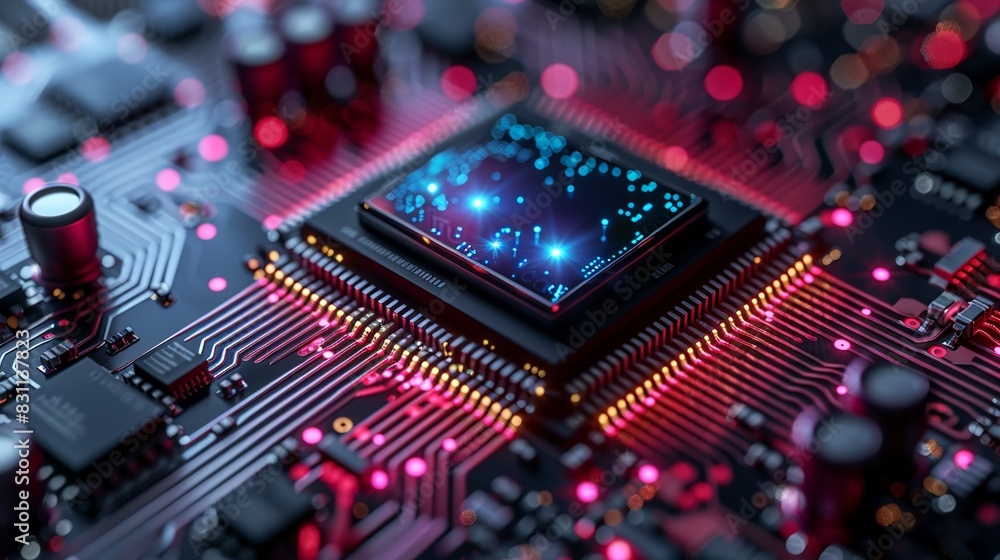 Detailed illustration of a nanometer-scale AI chip, with quantum particles embedded within, showcasing their integration. Minimal and Simple style Detailed illustration of a nanometer-scale AI chip, with quantum particles embedded within, showcasing their integration. Minimal and Simple style