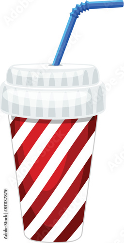 Illustration of a red and white striped disposable cup with a blue straw on a white background