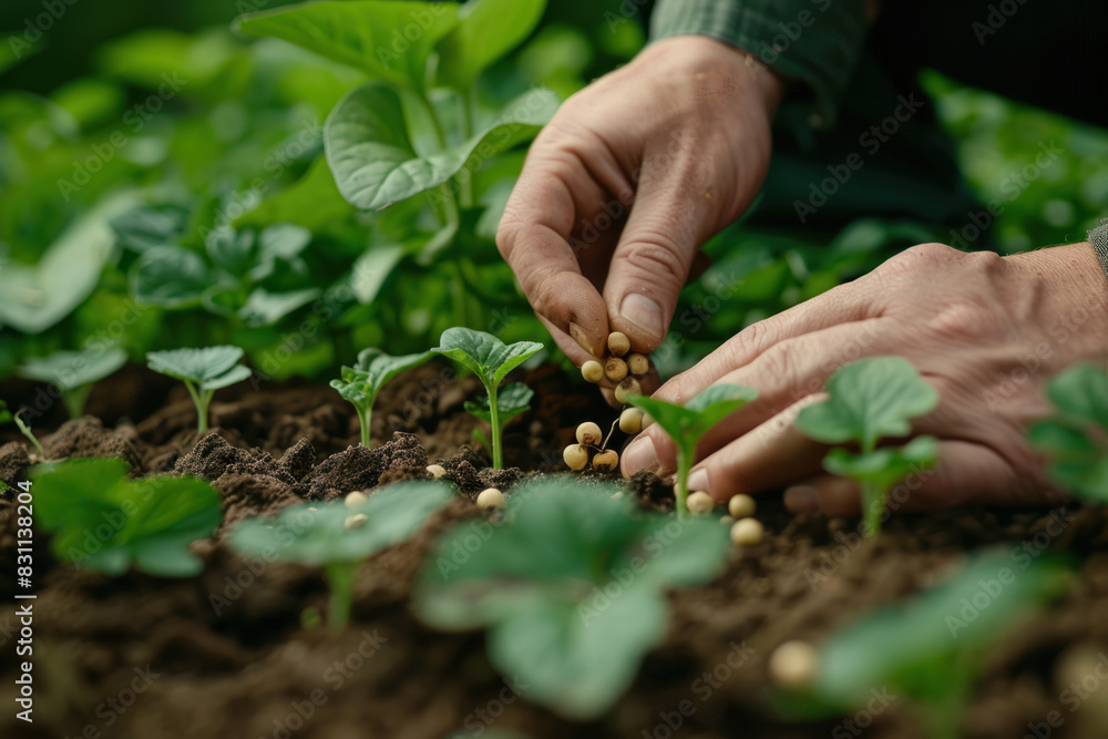 gardener's hands tending to vegetable plants in a garden gardener's hands tending to vegetable plants in a garden