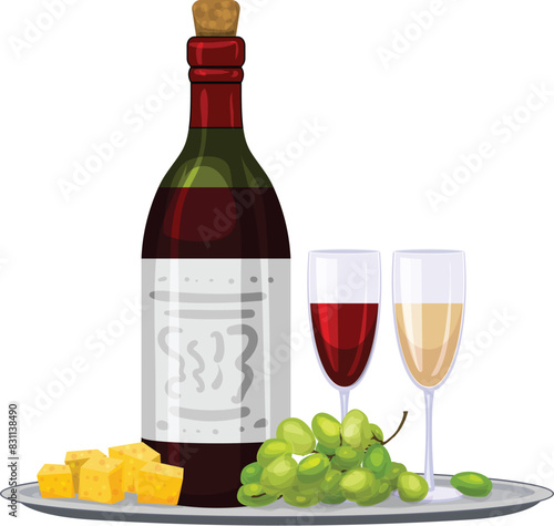 Sophisticated wine bottle, two glasses, cheese cubes, and grapes on a silver platter