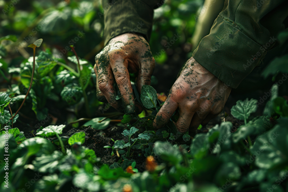 gardener's hands tending to vegetable plants in a garden gardener's hands tending to vegetable plants in a garden