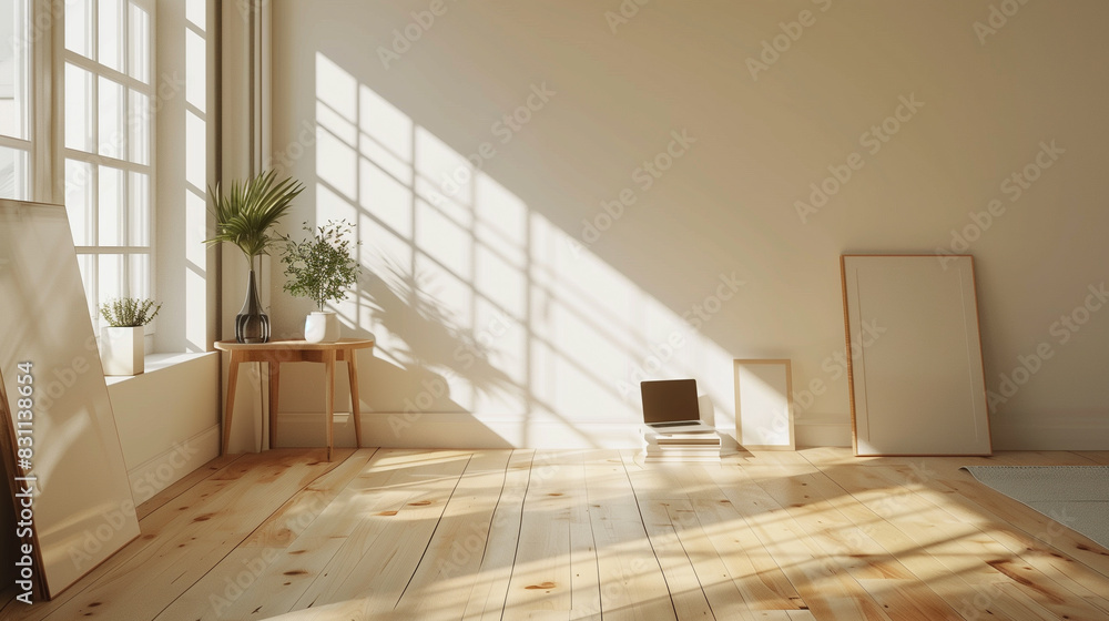Minimalist room with sunlight streaming through large windows Minimalist room with sunlight streaming through large windows