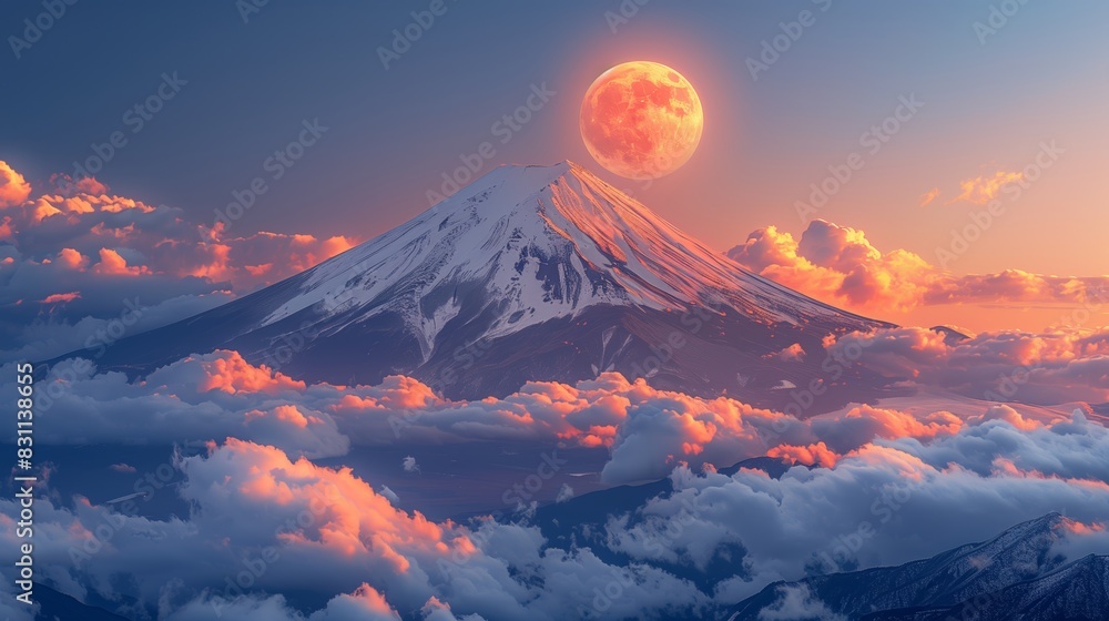 Majestic Mount Illuminated by a Setting Sun and Crescent Moon at Dusk
