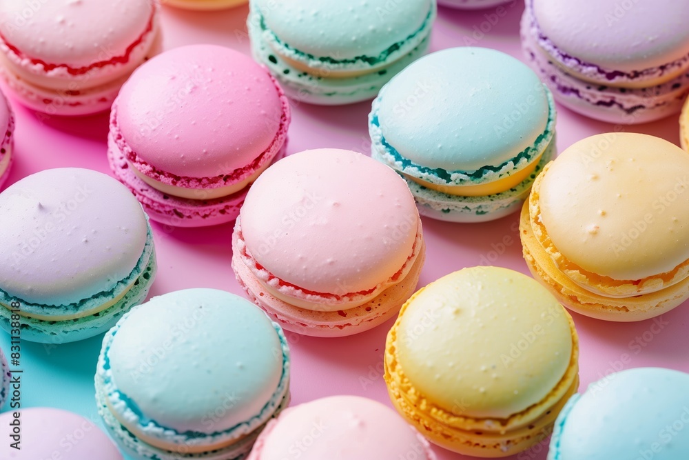 A vibrant assortment of classic French macarons in pink, blue, yellow, and purple hues A vibrant assortment of classic French macarons in pink, blue, yellow, and purple hues