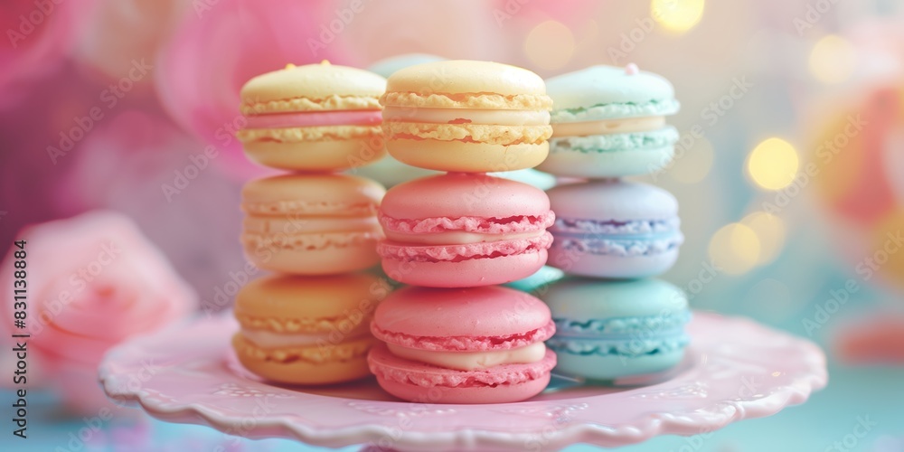 Dreamy photo of a stack of macarons in soft pastel tones on a rose-tinted backdrop Dreamy photo of a stack of macarons in soft pastel tones on a rose-tinted backdrop