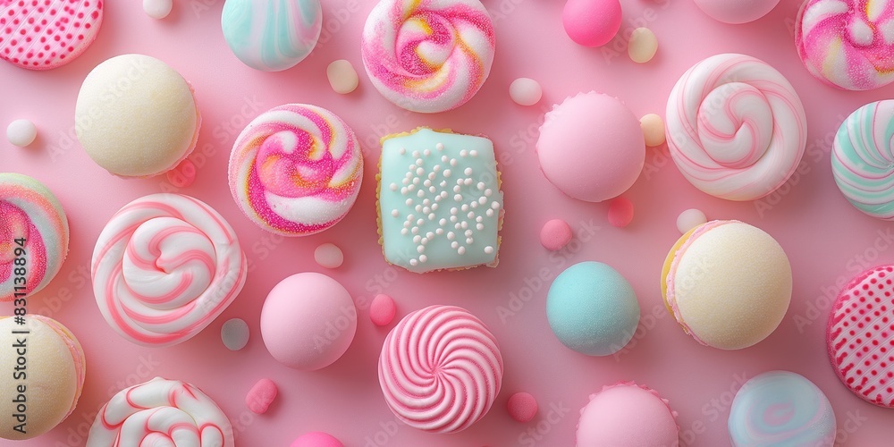 Overhead view of a collection of various candies and sweets on pink Overhead view of a collection of various candies and sweets on pink