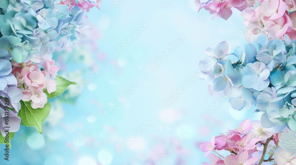 Fototapeta premium Hydrangea, lilac pink background, copy and text space, 16:9