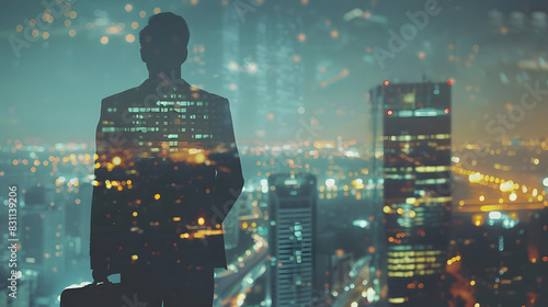 closeup photo of serious lawyer with briefcase  watching city lights. double exposure  legal themed city background. space for your legal message. wide  night effect. generative ai