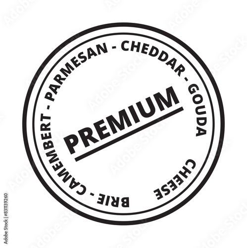Sello redondo con nombres de quesos en blanco y negro.