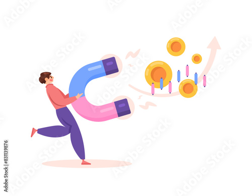 money acquisition concept. luring bond money. get a lot of revenue  earnings  or income. marketing techniques to gain profits. Use a magnet to attract coins. methods and finance. concept illustration 