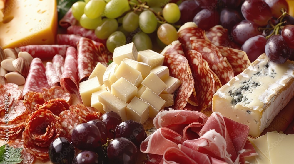 Assortment of cheese grapes and antipasti on a board Assortment of cheese grapes and antipasti on a board