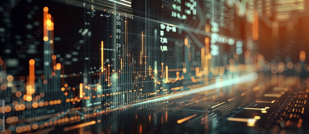 A stock market chart with a double exposure of financial charts and graphs on a dark background A stock market chart with a double exposure of financial charts and graphs on a dark background