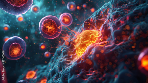 cell mutation, highlighting the differences between normal and mutated cells in a vibrant cellular landscape  photo